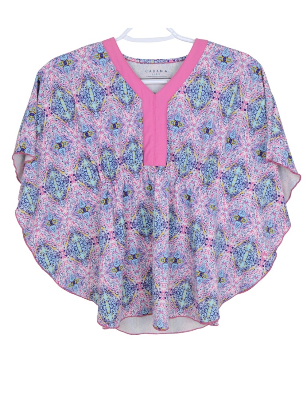 Cabana Life Top Size 6 Pink Blue Printed Poncho Kaftan Resort Vacation Blouse